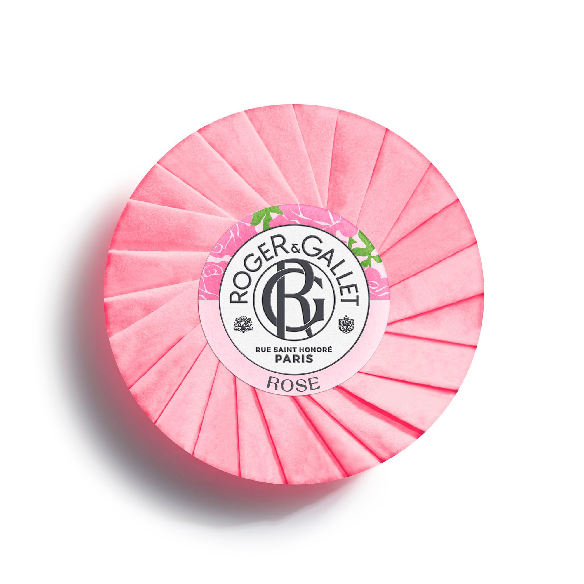 Savon Rose. Logo Roger & Gallet, Rose. 100g, 3.5 oz. Emballé dans du papier rose.