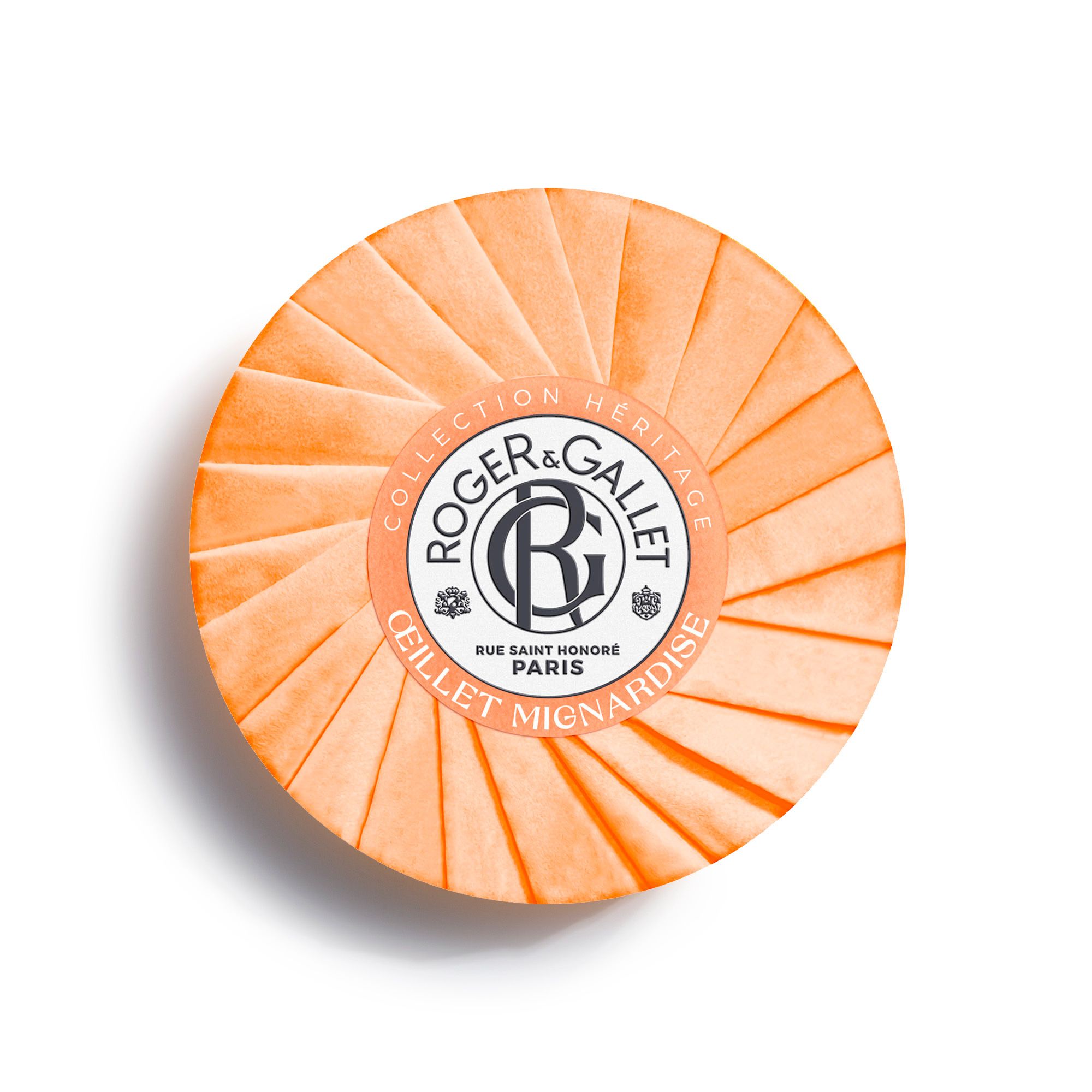 Savon rond orange avec logo. Texte: Roger & Gallet, Œillet Mignardise, Paris.