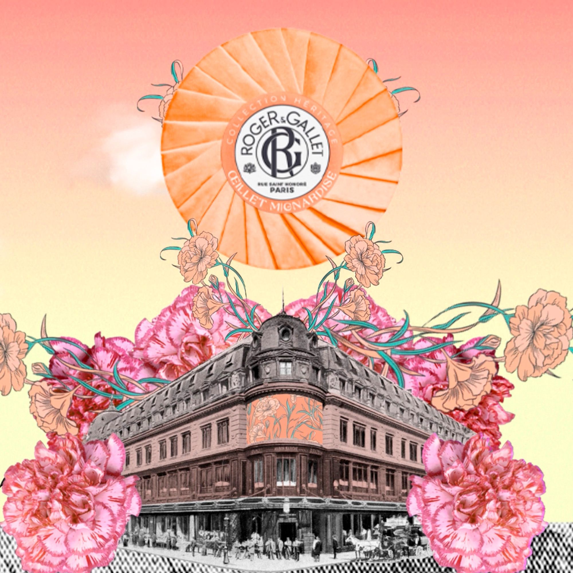 Artistieke weergave. Ronde zeep met logo. Gebouw en bloemen op de achtergrond. Tekst: Roger & Gallet.