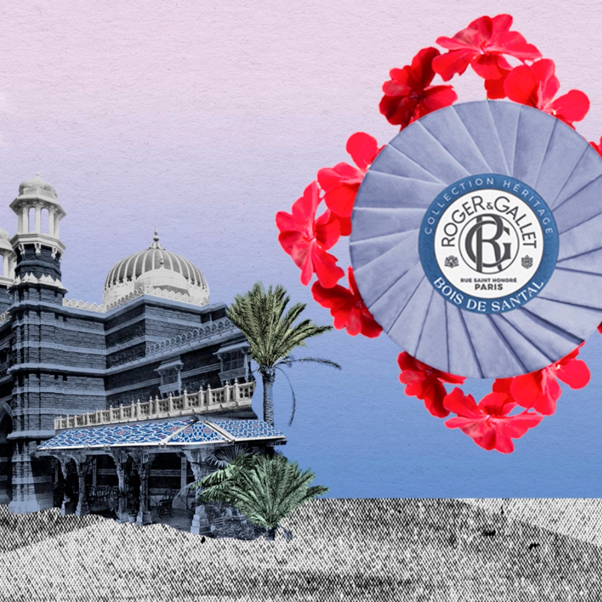 Zeep, blauw papier, gebouw, bloemen. Tekst: Roger & Gallet, Bois de Santal. Collection Heritage.