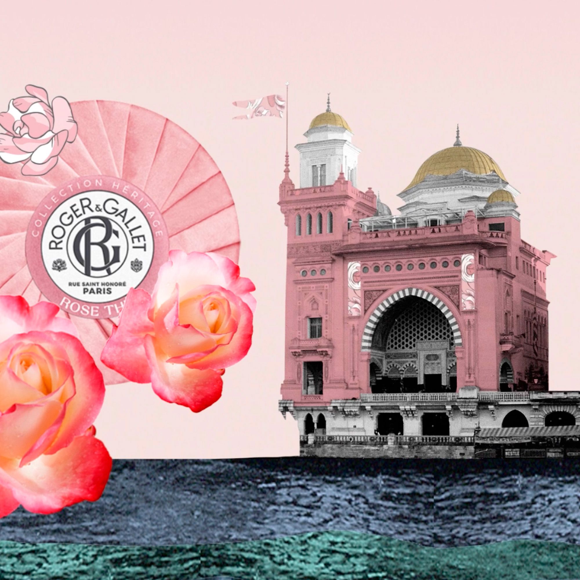 Collage avec savon, roses et bâtiment. Marque Roger & Gallet, Rose Thé. Couleurs rose et or.