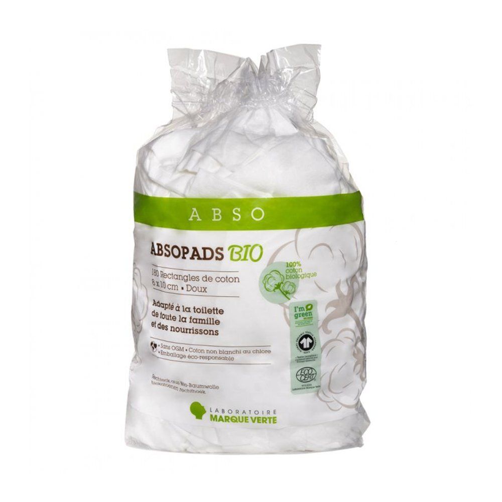 Paquet de tampons de coton ABSOPADS BIO blancs. Inscription : 8x10 cm, Doux. Avec certification bio et logo MARQUE VERTE.