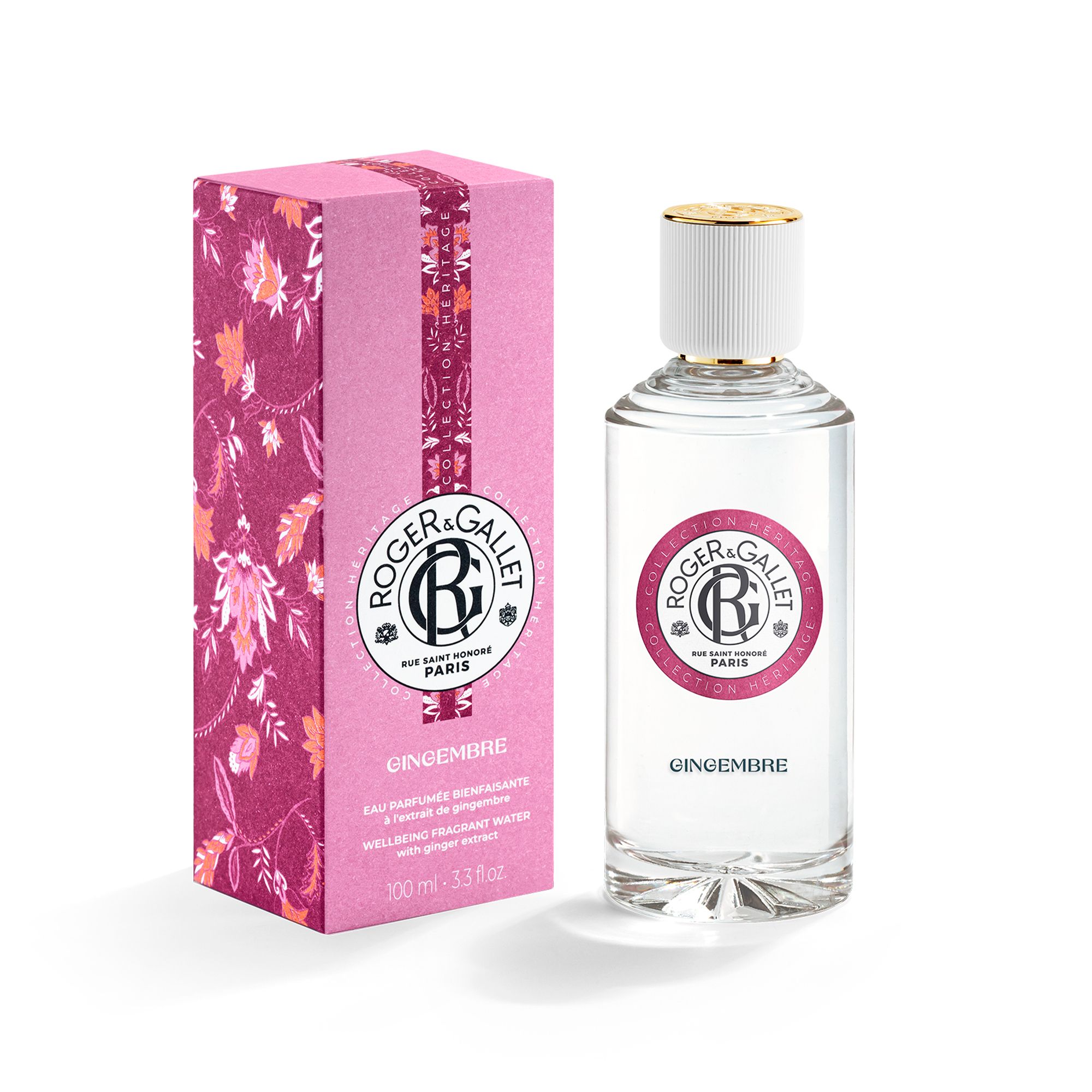 Flacon de parfum et emballage. Logo et texte. Nom et description du produit. 100 ml.