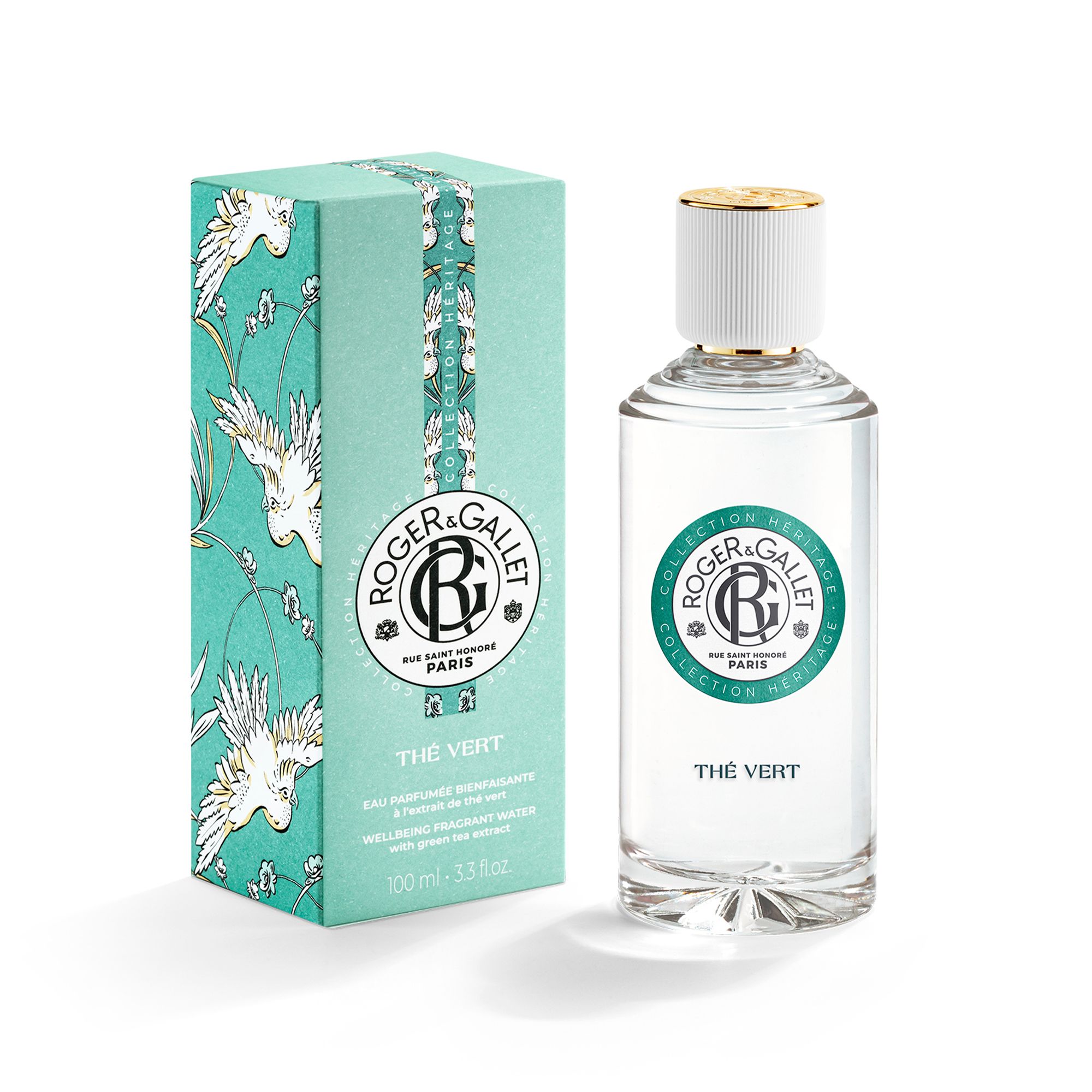 Flacon et boîte. Logo ROGER & GALLET. Inscription THE VERT. Motif d'oiseaux sur la boîte.