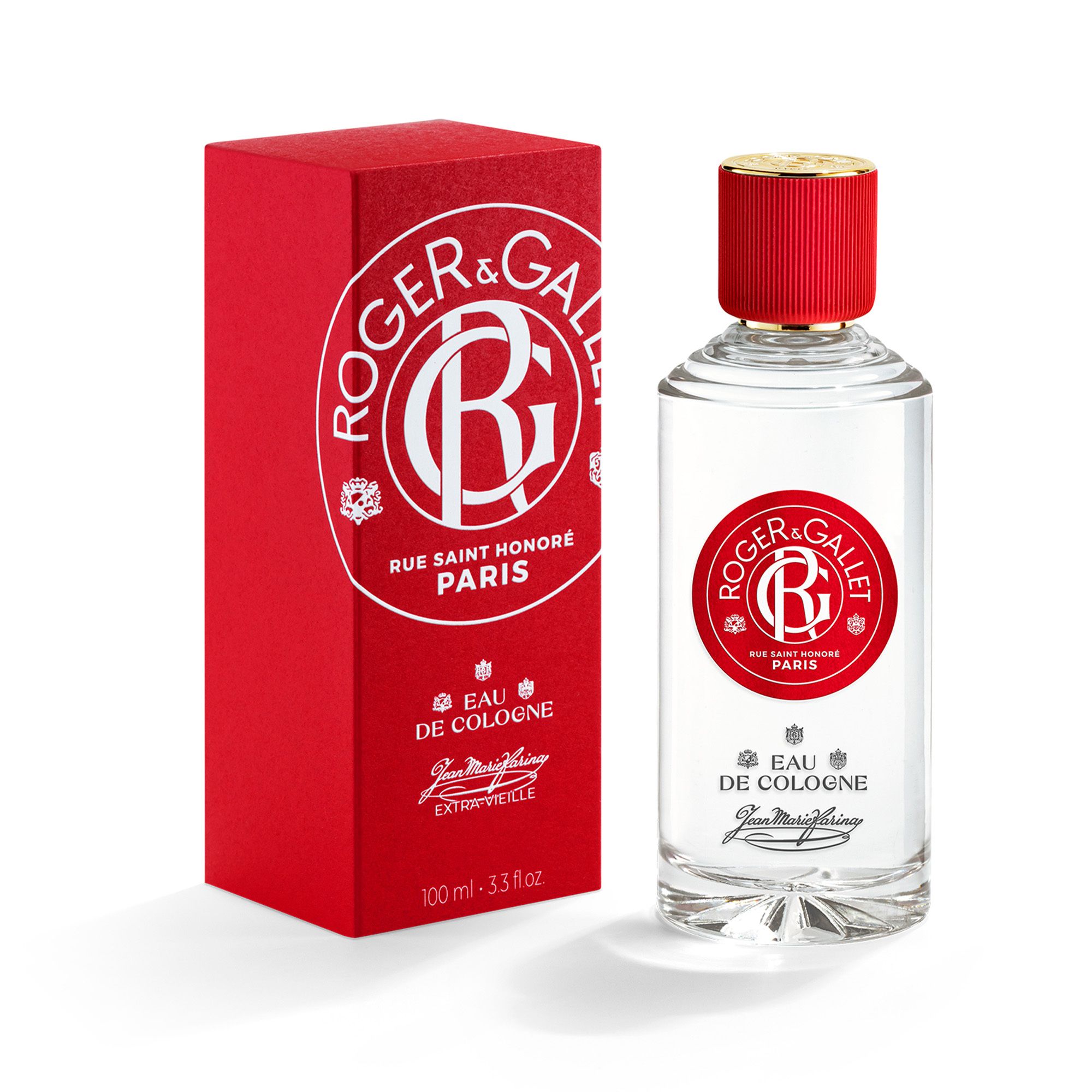 Fles en doos. Opschrift: ROGER & GALLET, Eau de Cologne, JEAN MARIE FARINA. 100 ml.