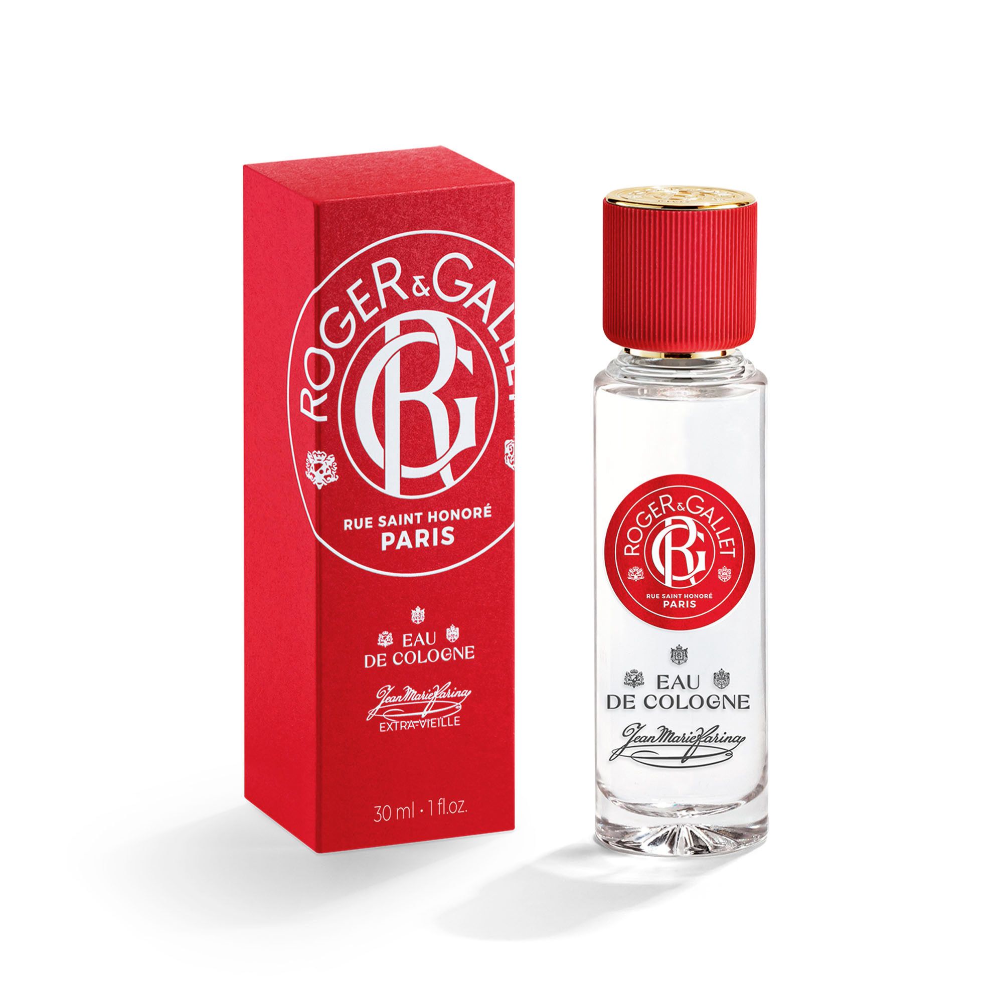 Glazen fles en rode doos. Opschrift: ROGER & GALLET, Eau de Cologne, Jean Marie Farina. Fles staat.