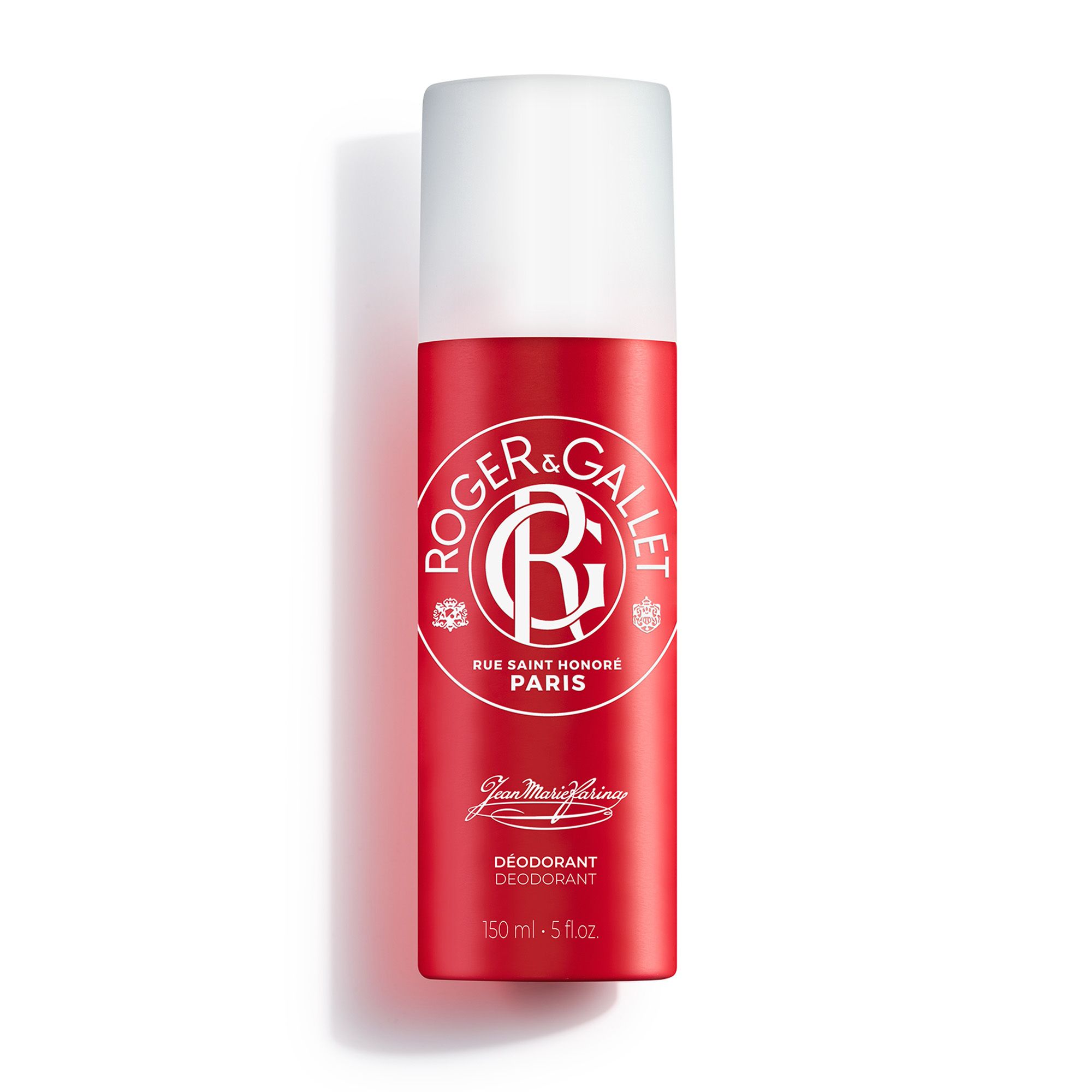 Rode deodorant spray fles met witte dop. Logo Roger & Gallet, tekst: Rue Saint Honoré Paris, Jean Marie Farina, Déodorant.