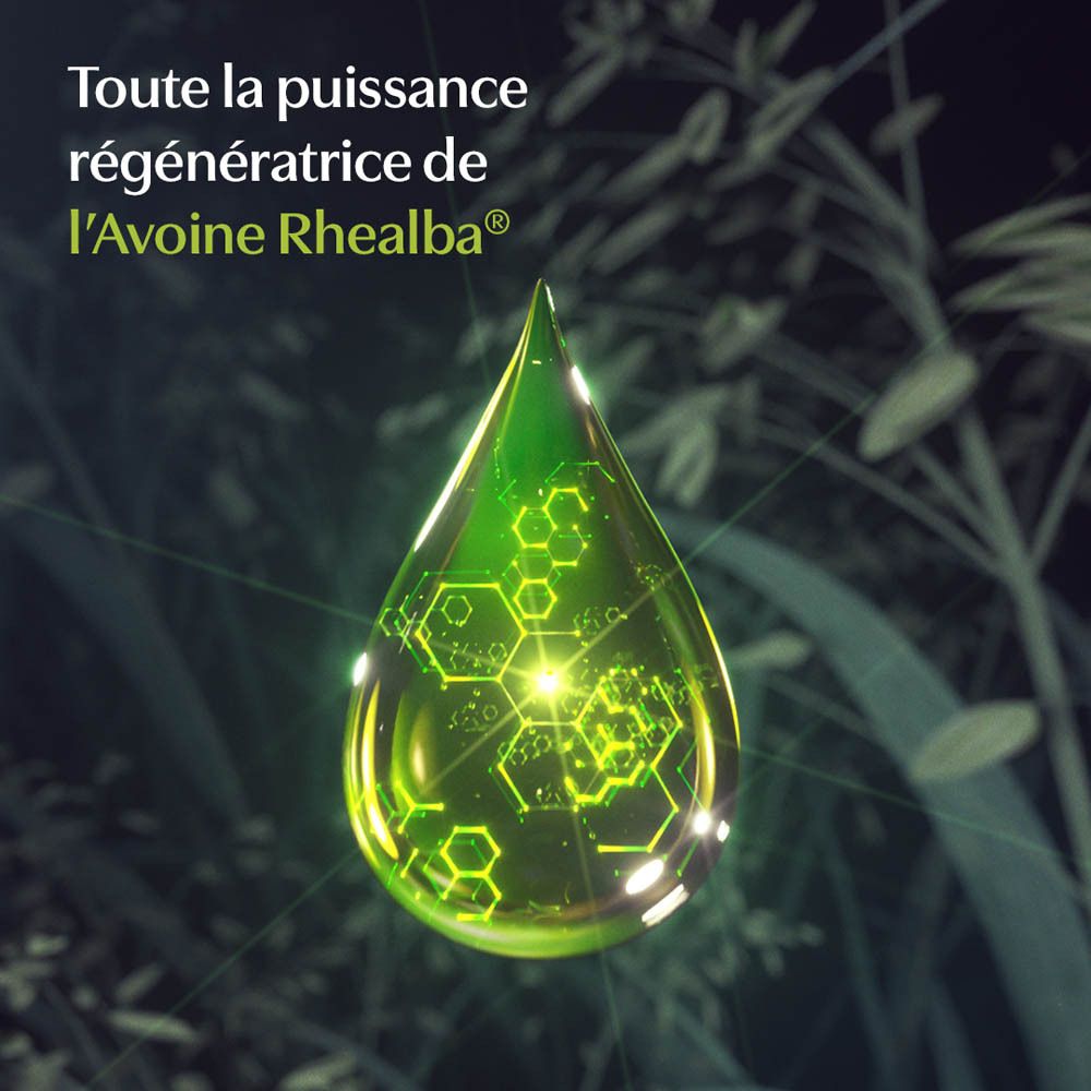 Goutte verte avec lignes vertes. Texte: Toute la puissance régénératrice de l'Avoine Rhealba.