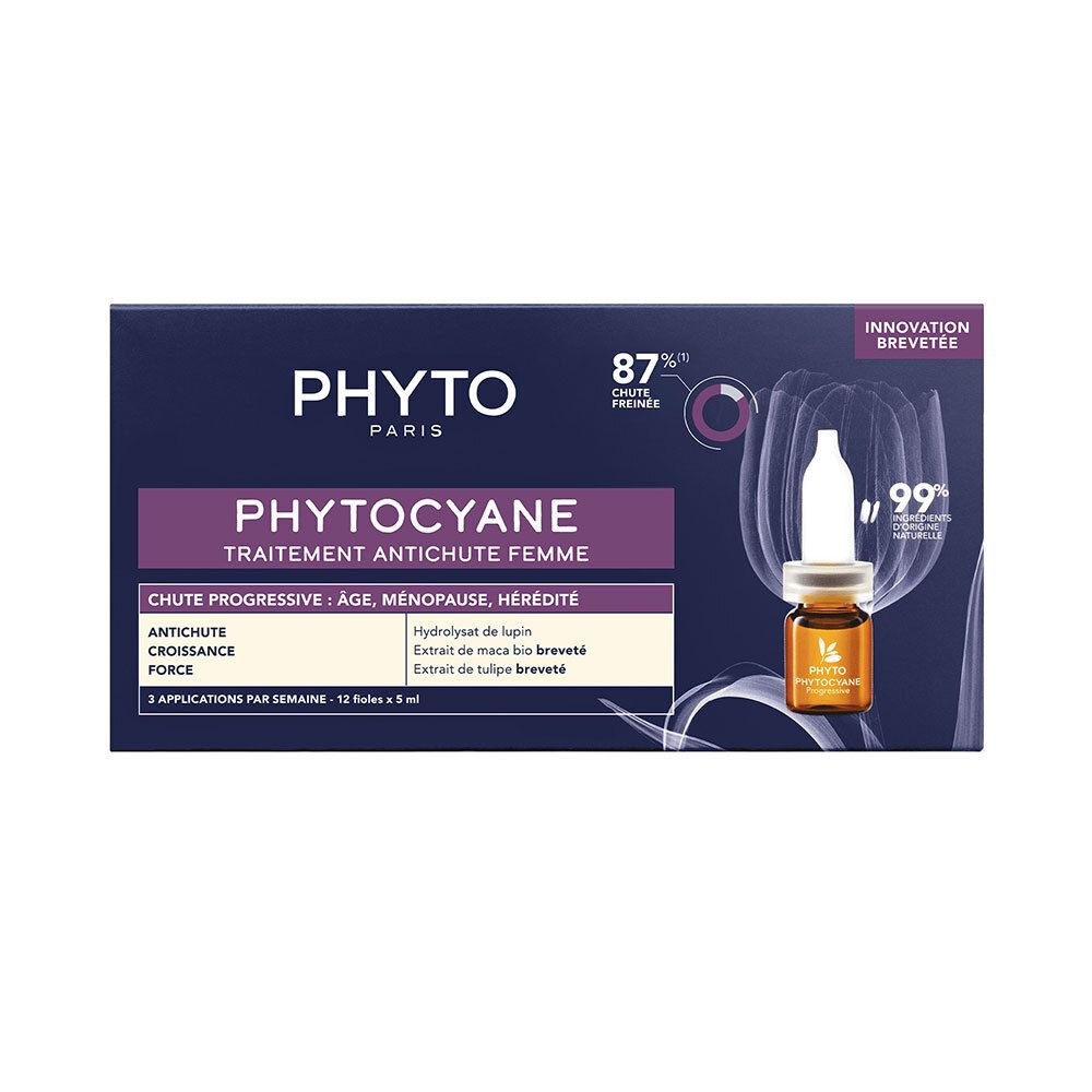 Boîte bleue foncée avec image du produit. Inscription PHYTO, PHYTOCYANE, traitement antichute. Contient 12 ampoules.