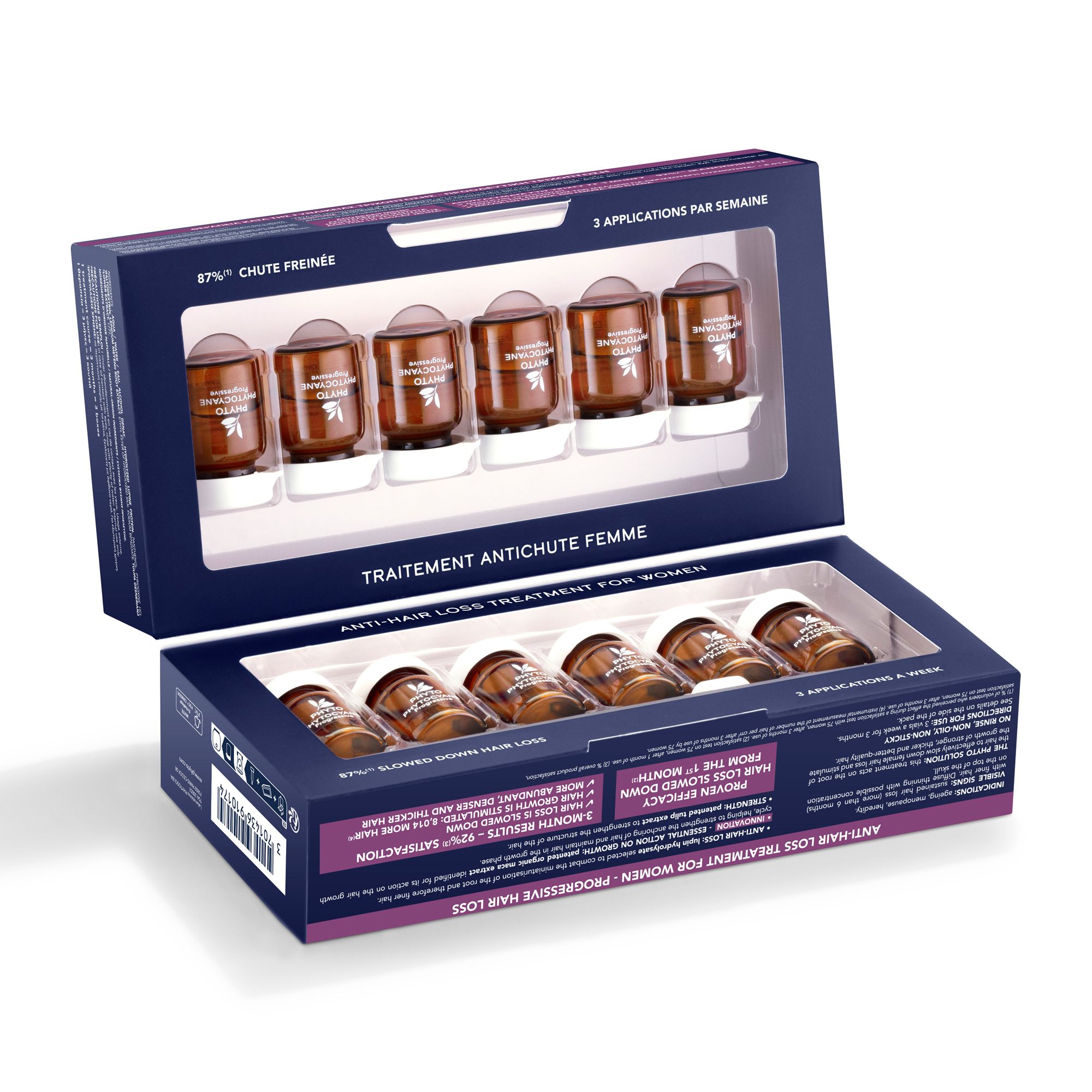 Open doos met 12 bruine ampullen. Opschrift: PHYTO, PHYTOCYANE, behandeling tegen haaruitval. Transparant venster.