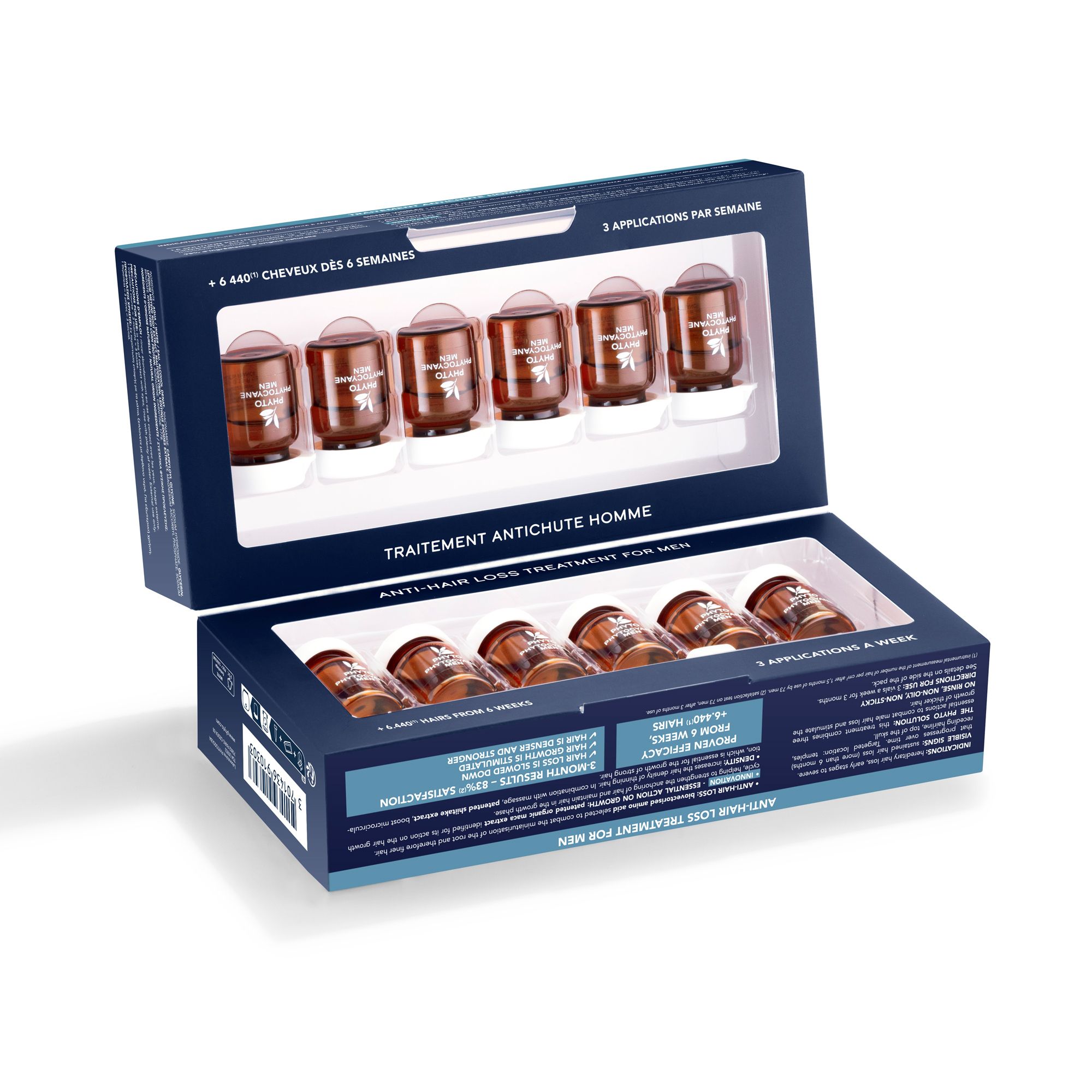Open doos met 6 ampullen. Opschrift: PHYTO-CYANE-MEN, behandeling tegen haaruitval voor mannen.