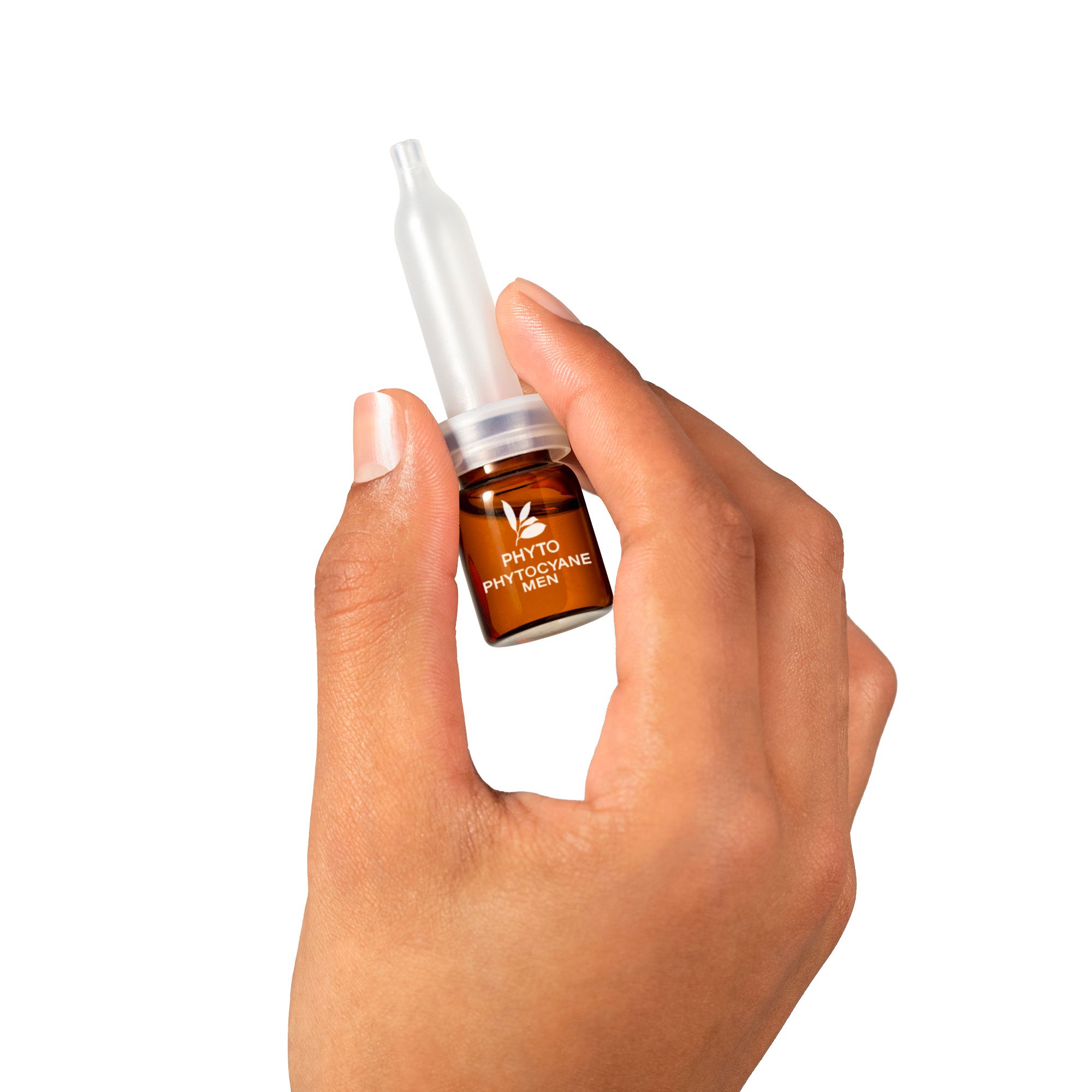 Ampul in een hand. Opschrift: PHYTO, PHYTO-CYANE-MEN.