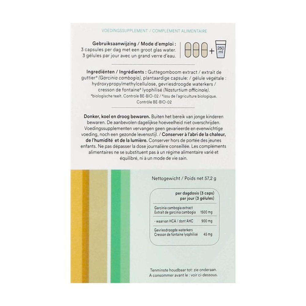 Boîte Cressana® Garcinia + Cresson Bio. Contient des gélules. Instructions et ingrédients imprimés.