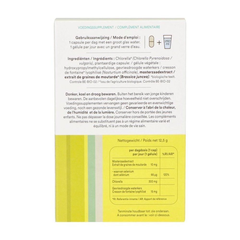 Achterkant verpakking Cressana® Sélénium + Cresson Bio met ingrediënten en gebruiksaanwijzing.