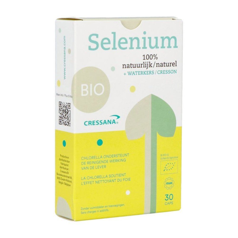 Verpakking Cressana® Sélénium + Cresson Bio. Opschrift: Selenium, Bio, 30 capsules.