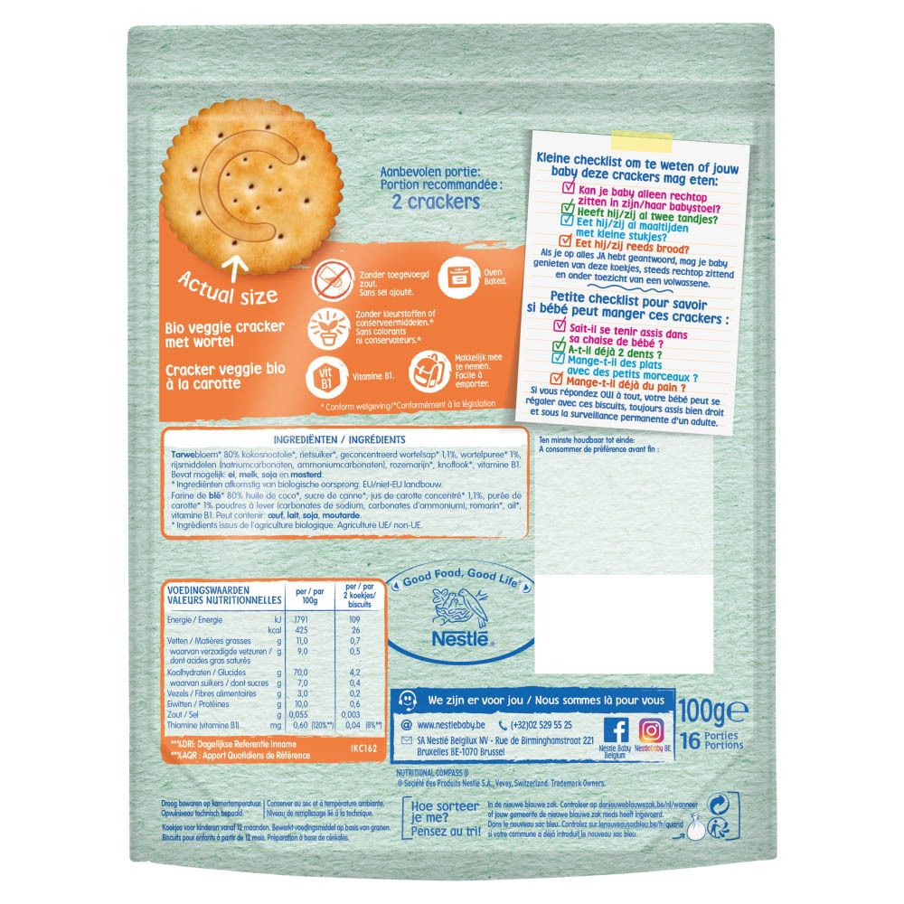 Achterkant verpakking NESTLE® Baby Snack Veggie Karottencracker. Tekst, voedingswaarde, barcode, logo. 100g.