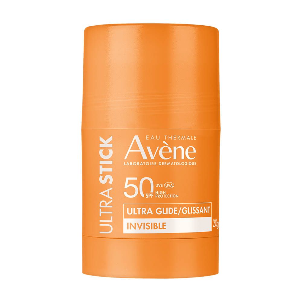 Stick orange. Texte: Ultra Stick, Avène, SPF 50, Ultra Glide/Glissant, Invisible, 20g.