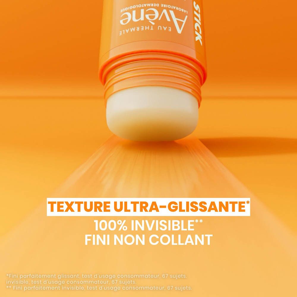 Stick orange. Texte: Ultra Stick, Avène, SPF 50, Ultra Glide/Glissant, Invisible, 20g.
