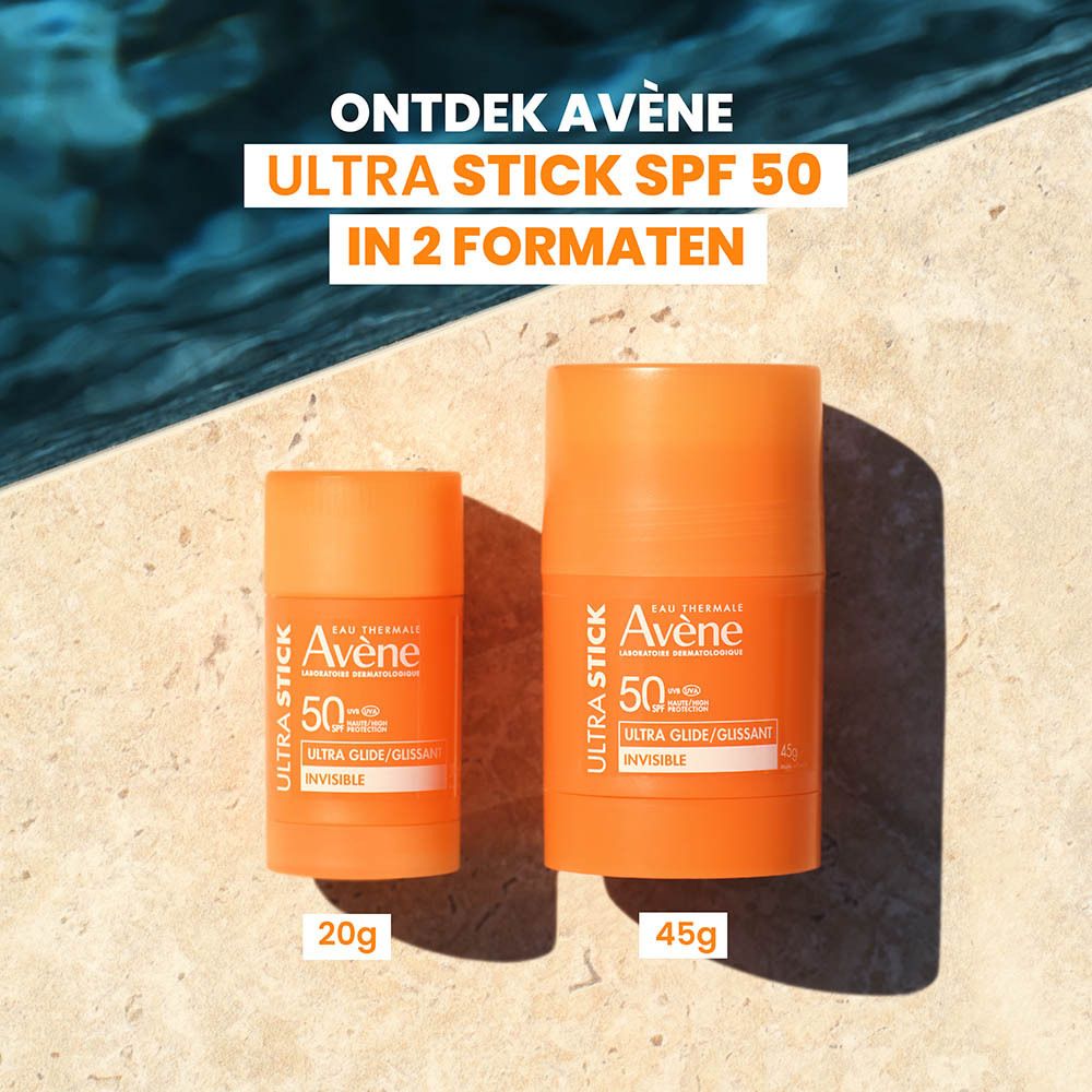 Oranje stick. Tekst: Ultra Stick, Avène, SPF 50, Ultra Glide/Glissant, Invisible, 20g.