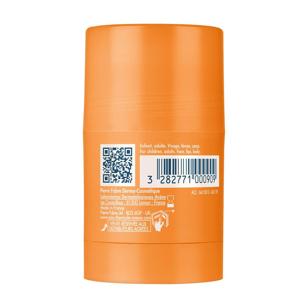 Stick orange. Texte: Ultra Stick, Avène, SPF 50, Ultra Glide/Glissant, Invisible, 20g.