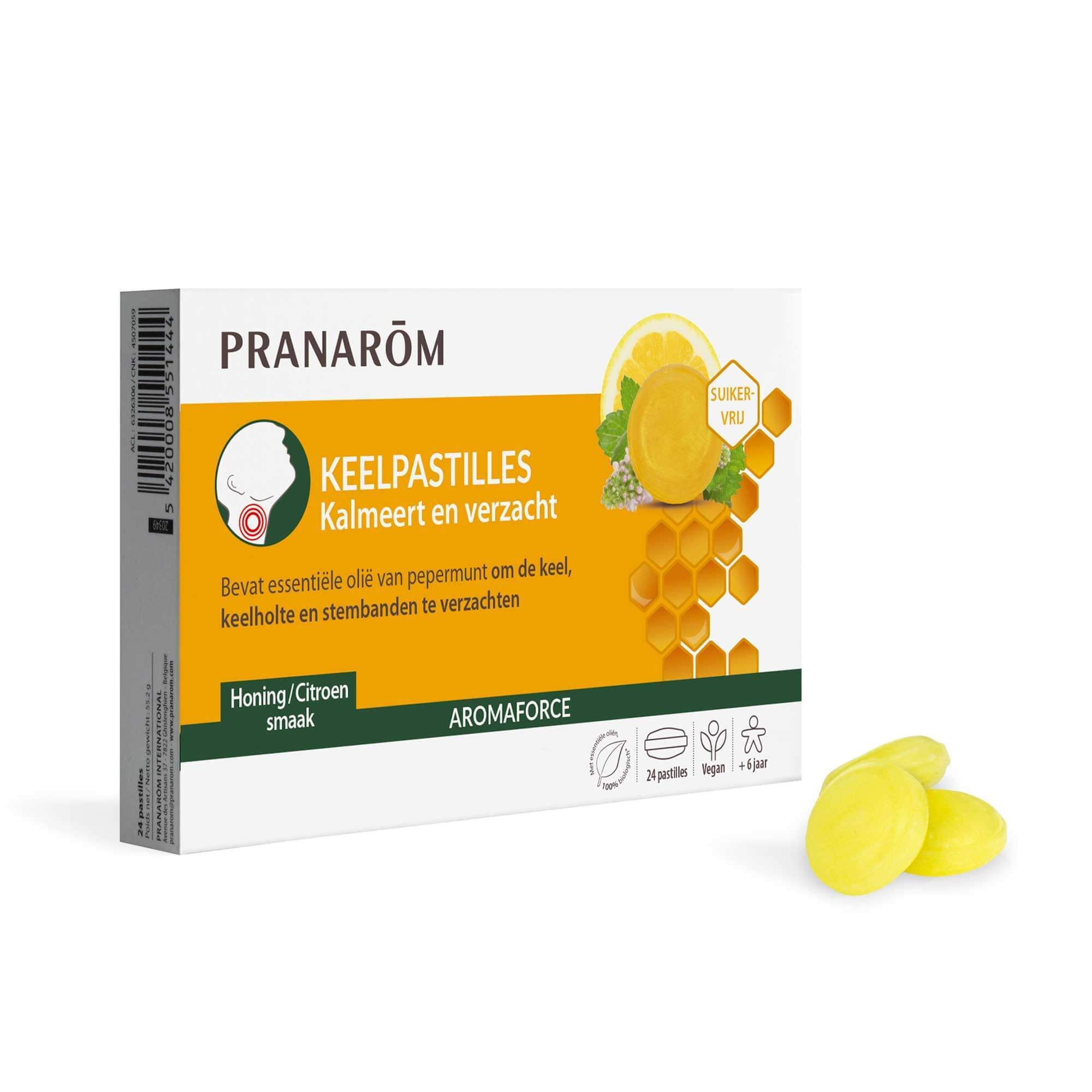 Doosje Pranarôm Aromaforce keelpastilles. Honing/Citroen smaak. Gele pastilles ernaast.