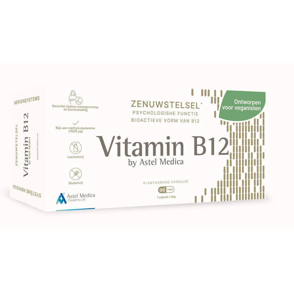 Doos Vitamine B12 Astel Medica voor zenuwstelsel, 96 plantaardige capsules.