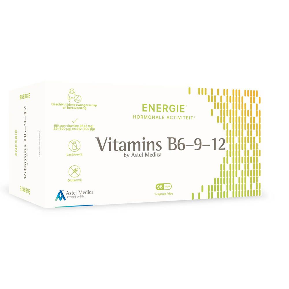 Verpakking van Vitamins B6-9-12 van Astel Medica, 30 capsules.