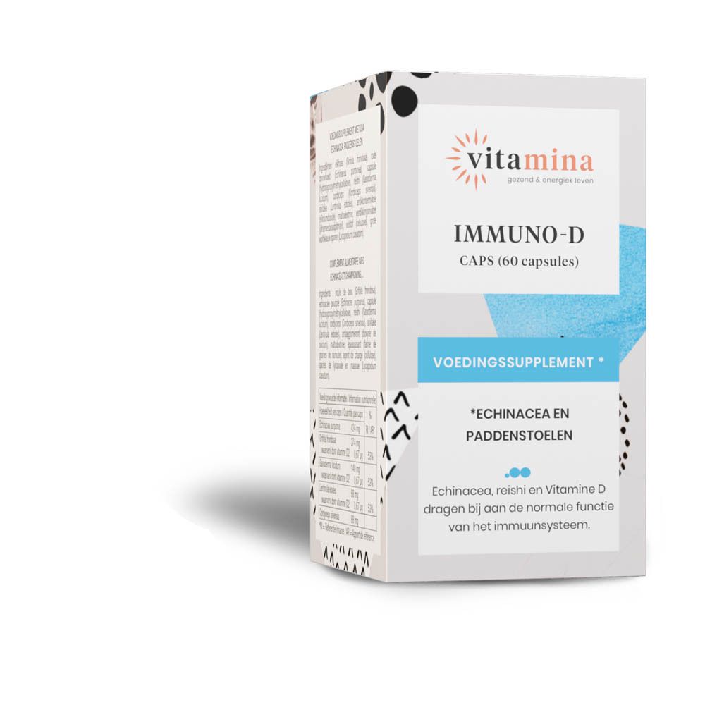 Vitamina Immuno-D capsules: Fles en doos, etiket met 'Complément alimentaire'.