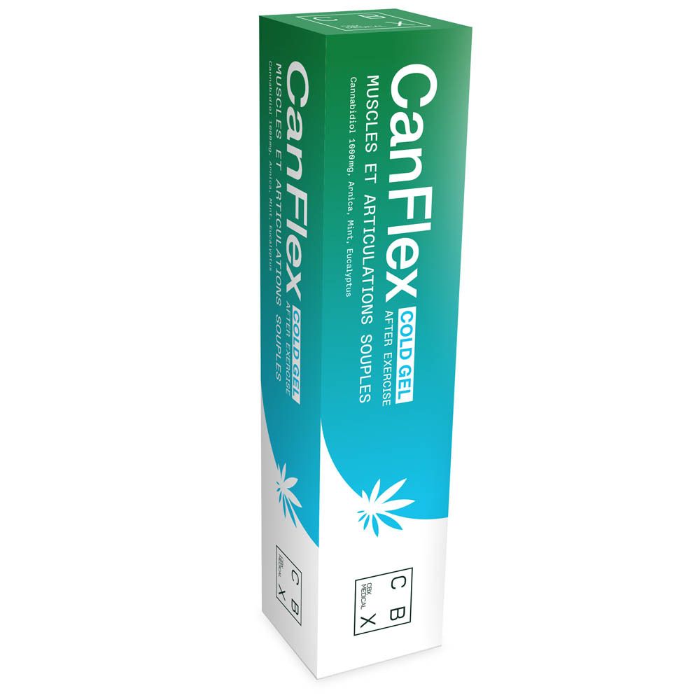 Boîte. Inscription: CanFlex COLD GEL, Muscles et articulations souples, CBD. Contient cannabis, arnica, menthe, eucalyptus.
