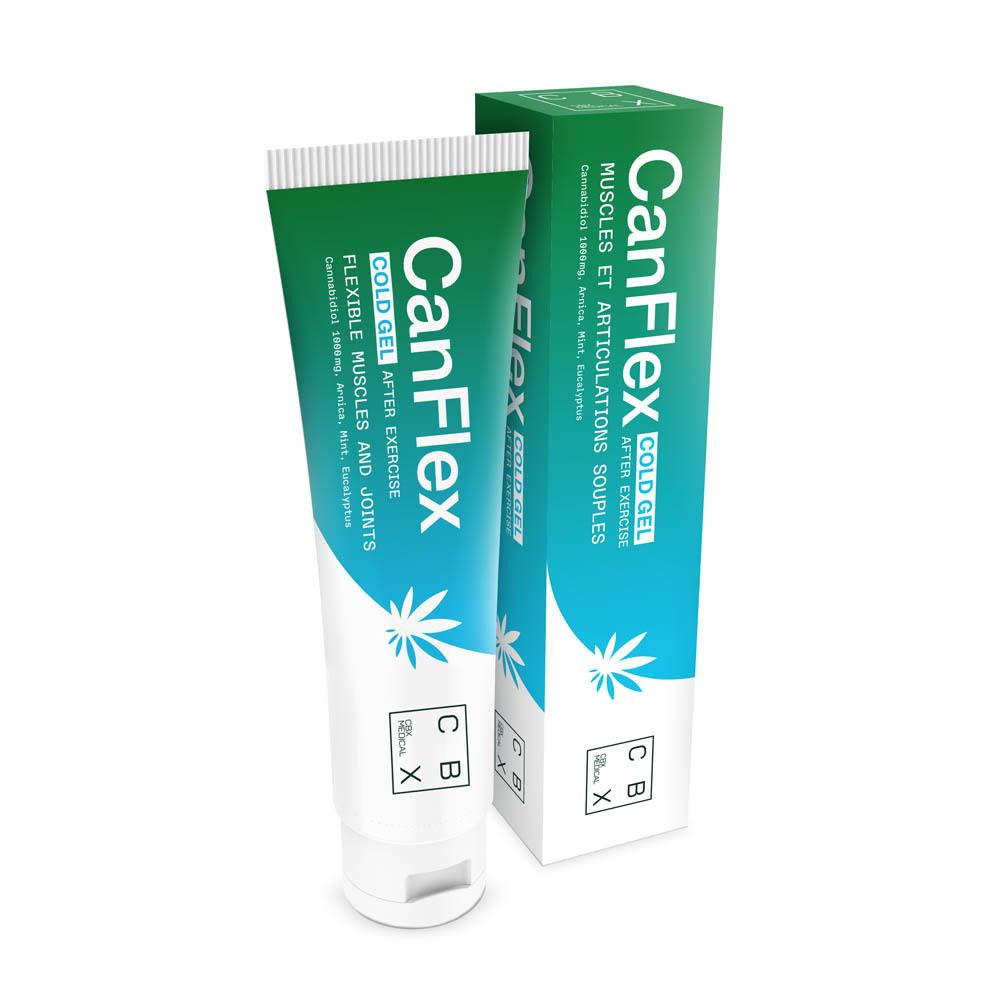 Tube et boîte. Inscription: CanFlex COLD GEL, Muscles et articulations souples, CBD. Contient cannabis, arnica, menthe, eucalyptus.