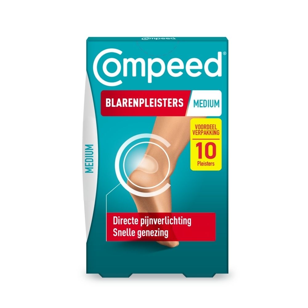 Compeed® Blarenpleisters, verpakking. Medium formaat, 10 pleisters. Turquoise verpakking met voet afbeelding.