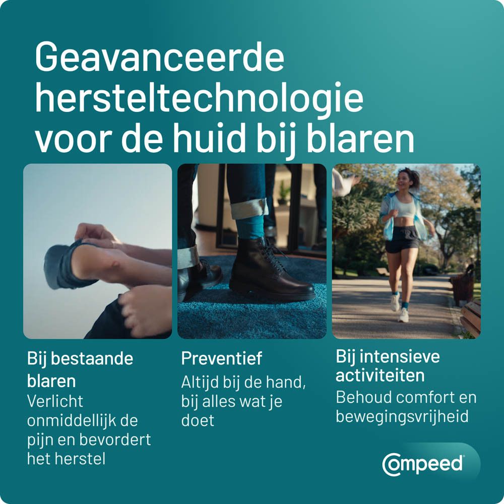 Compeed® voor blaren. Illustraties: bestaande blaren, preventief, activiteiten. Compeed® logo.