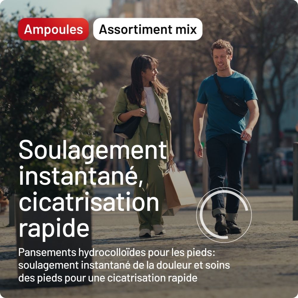 Personnes marchant dans la rue. Texte: Soulagement instantané, cicatrisation rapide. Compeed Pansements.