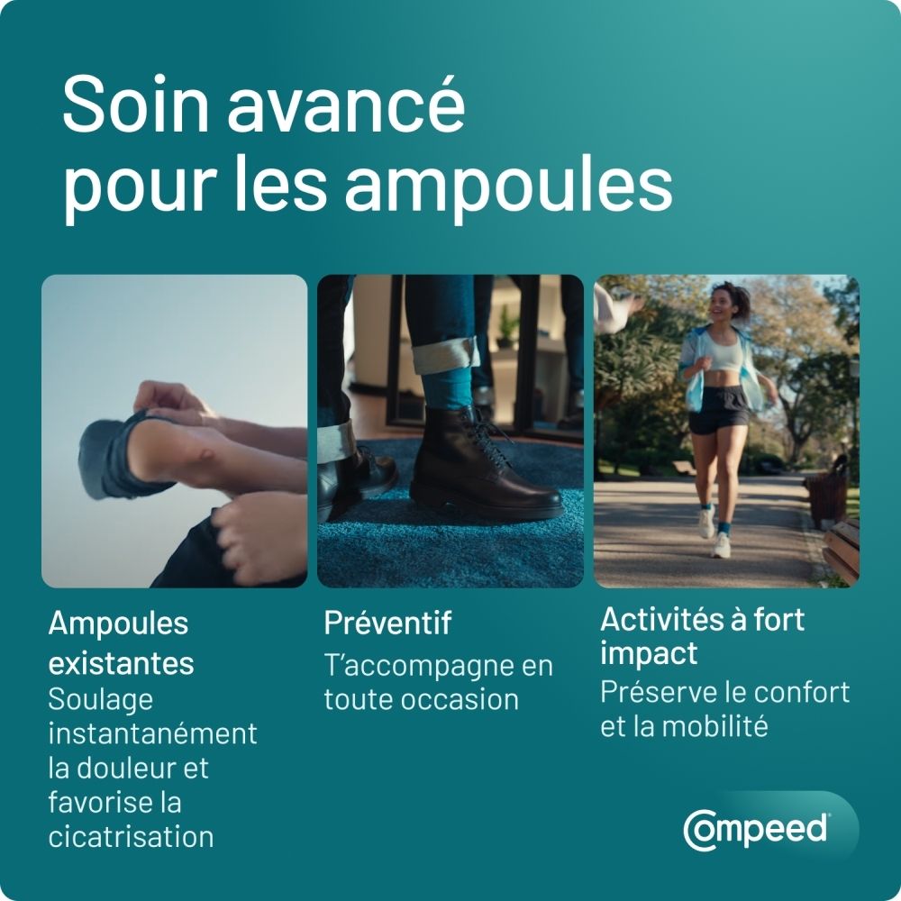 Trois images montrent différentes situations. Texte: Soin avancé pour les ampoules. Compeed.