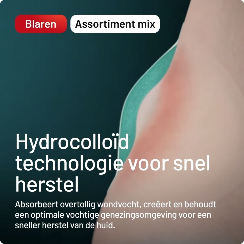 Close-up van een voet met pleister. Tekst: Hydrocolloïd technologie voor snel herstel.