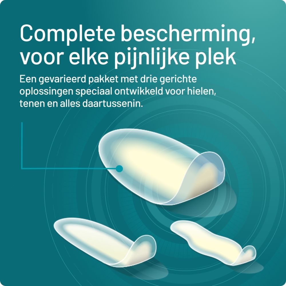 Drie pleisters op witte achtergrond. Tekst: Complete bescherming, voor elke pijnlijke plek.