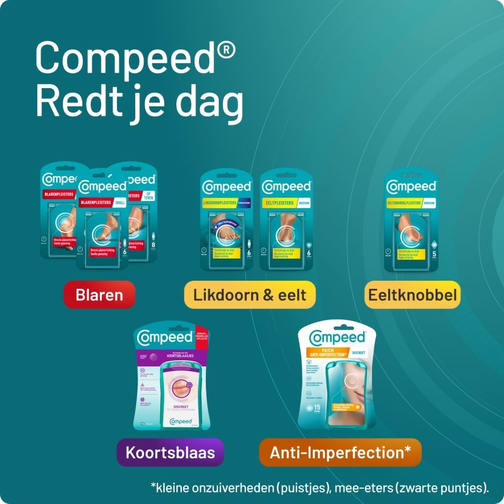 Compeed productassortiment. Tekst: Compeed Redt je dag. Verschillende verpakkingen.