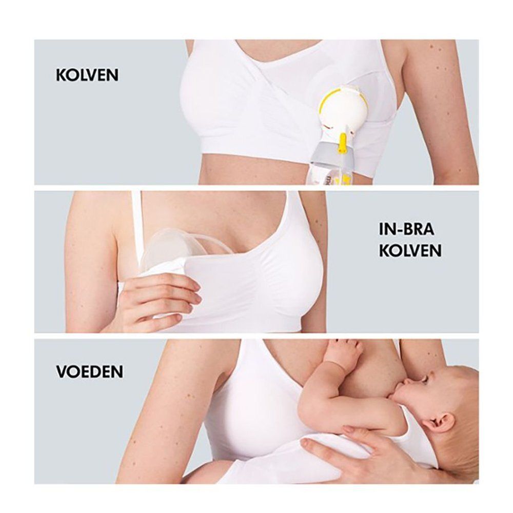 Drie scènes: voedingsbeha met borstkolf, beha met inzet, baby borstvoeding. Tekst: Kolven, In-Bra Kolven, Voeden.