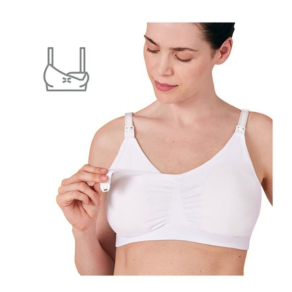Soutien-gorge d'allaitement blanc avec fermeture à clip. Femme ouvrant le clip. Esquisse du soutien-gorge.