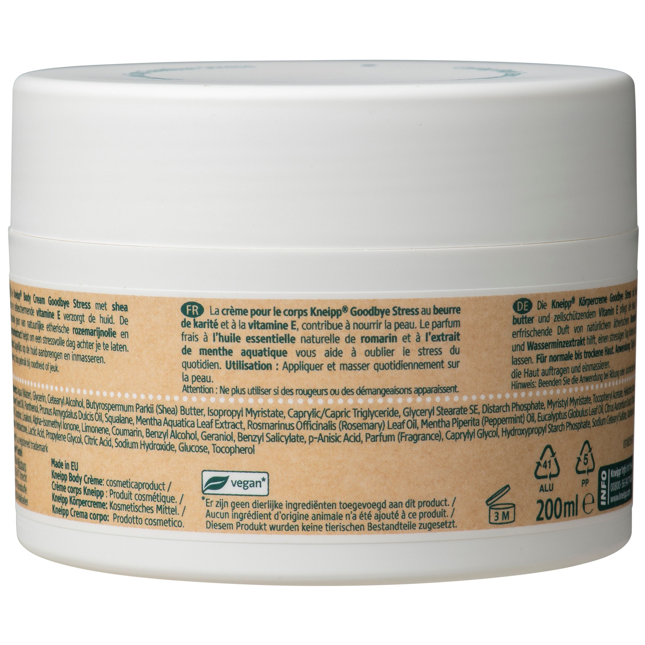 Witte pot, zijaanzicht. Productinformatie en ingrediënten. Tekst: 200ml. Recyclingsymbolen.