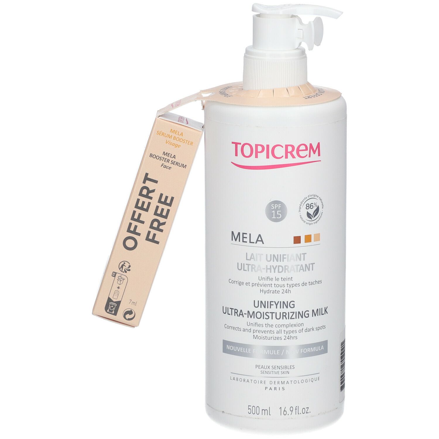 Flacon blanc avec pompe et étiquette. Inscription: TOPICREM Mela Ultra-Moisturizing Milk. Mela Booster Sérum GRATUIT. SPF 15.