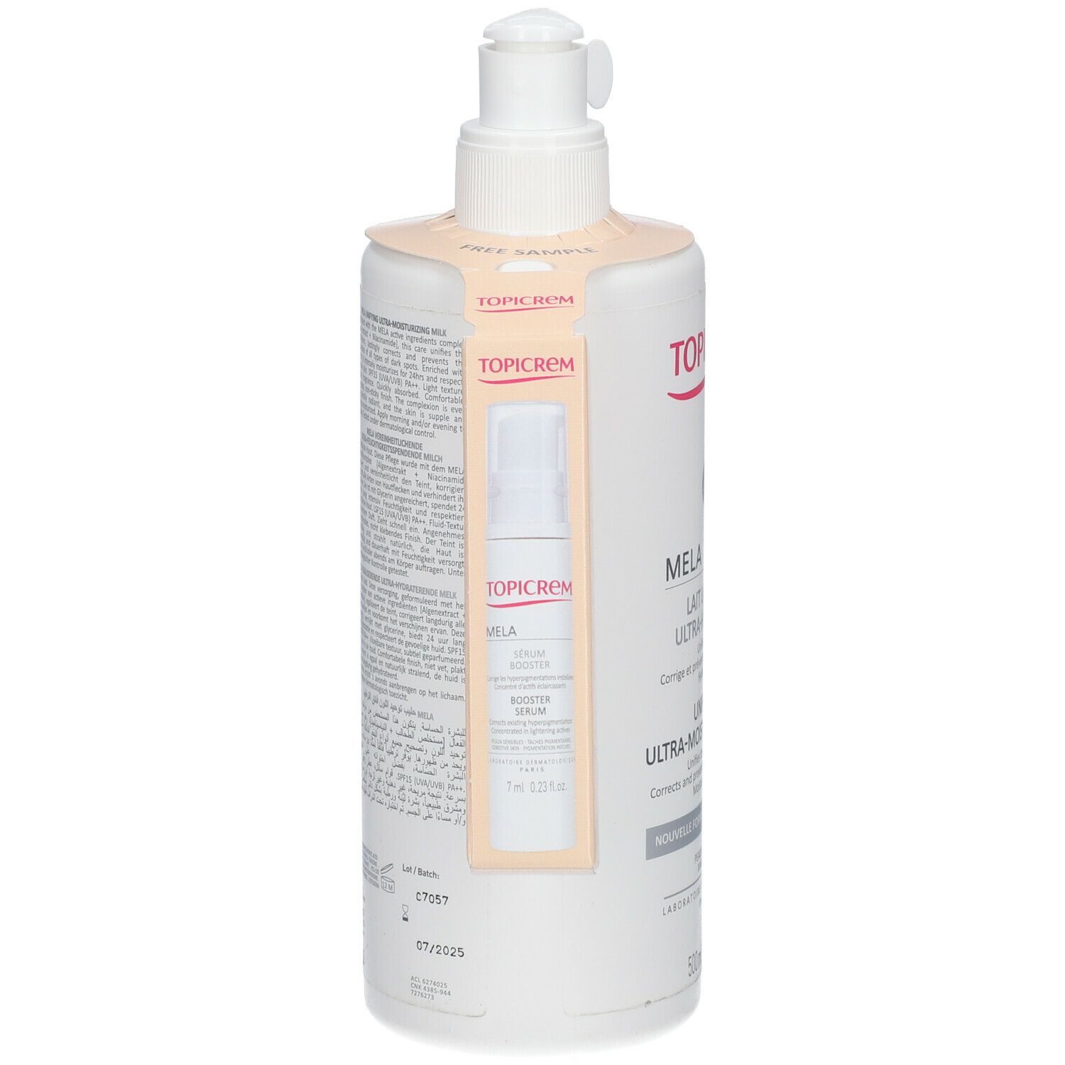 Dos d'un flacon blanc avec pompe et étiquette. Étiquette avec Mela Booster Sérum. Texte en français et anglais.