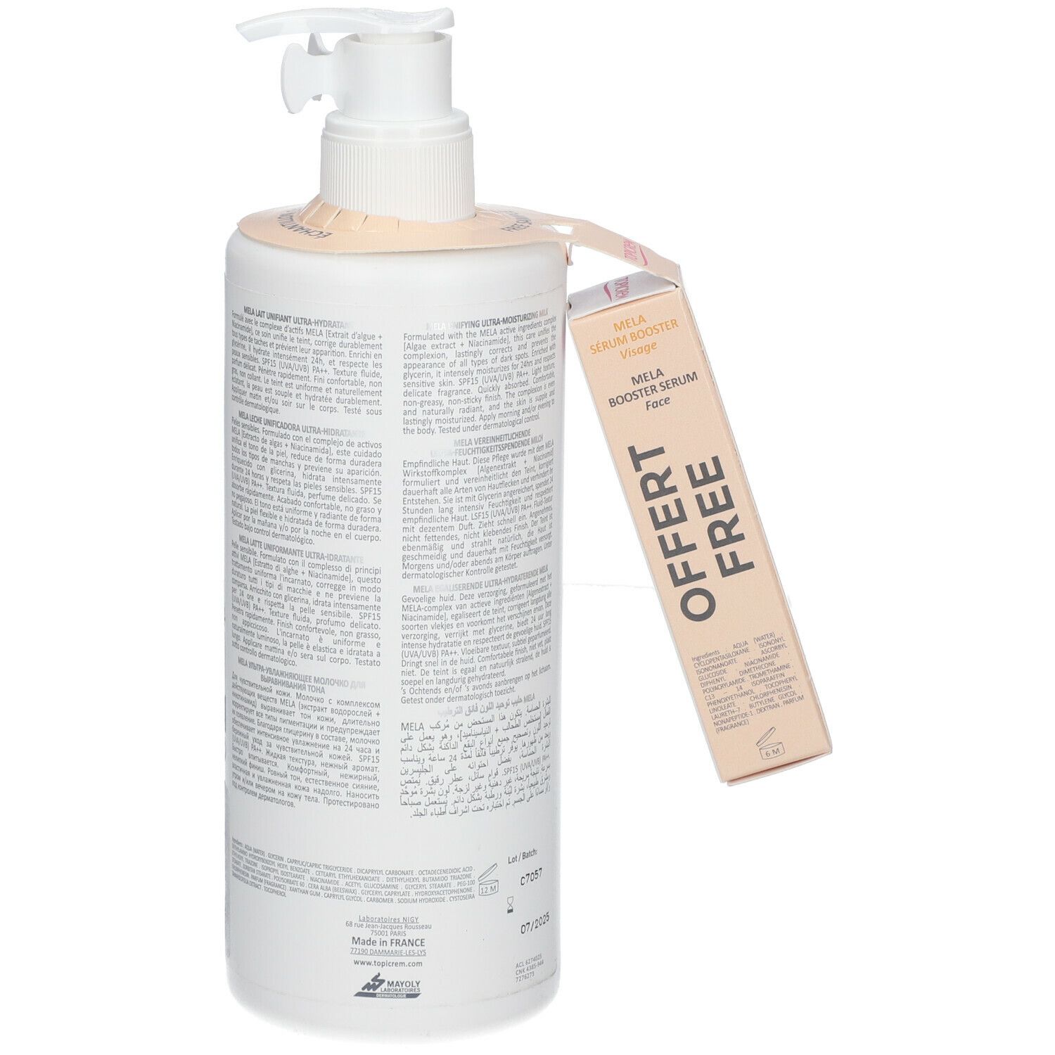 Dos d'un flacon blanc avec pompe et étiquette. Étiquette avec Mela Booster Sérum. Texte en français et anglais.