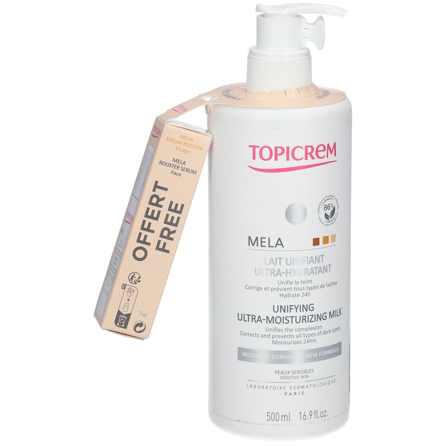 Flacon blanc avec pompe et étiquette. Inscription: TOPICREM Mela Ultra-Moisturizing Milk. Mela Booster Sérum GRATUIT. SPF 15.