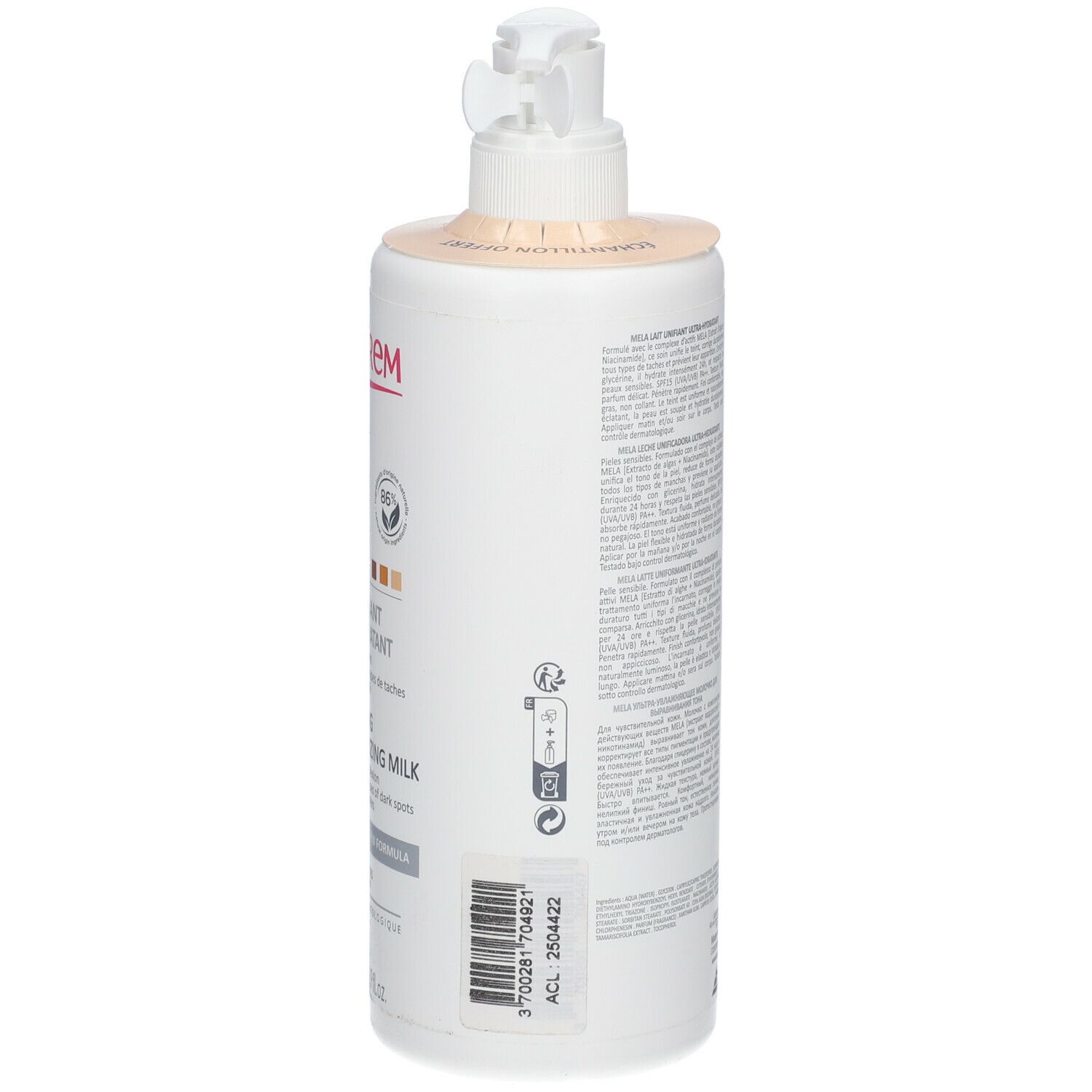 Flacon blanc avec pompe. Inscription: TOPICREM Mela Ultra-Moisturizing Milk. Texte et logos.