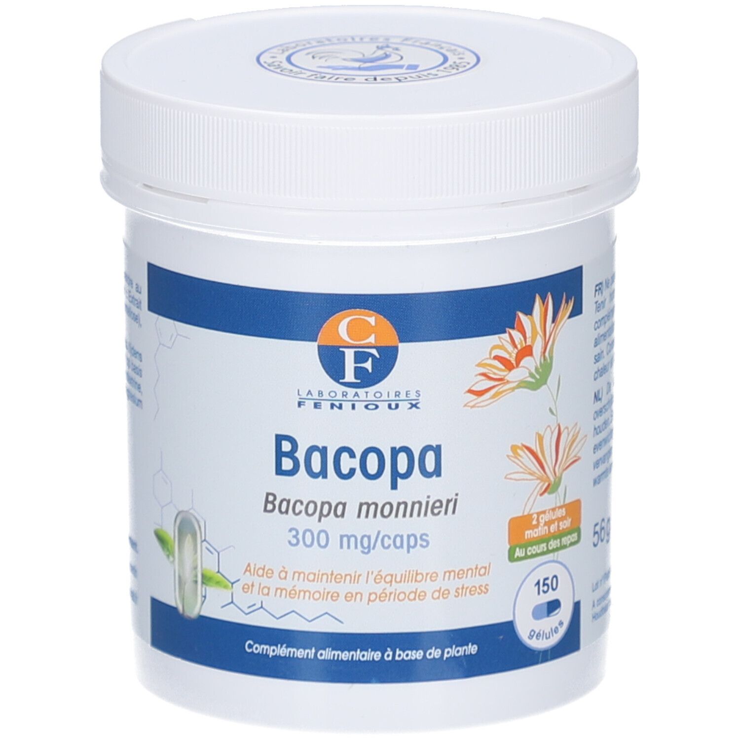 Witte pot met deksel. Opschrift: Bacopa, 300 mg/caps. Bevat 150 capsules. Logo: Laboratoires Fenioux.