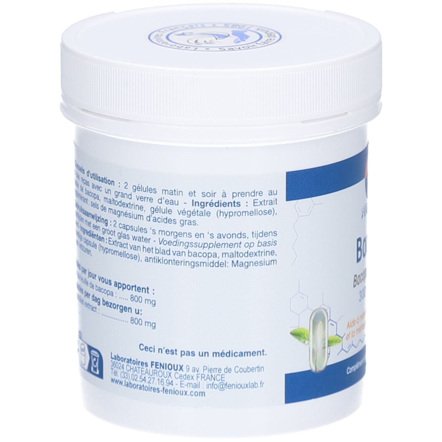 Achterkant van de witte pot. Tekst: Ingrediënten, gebruiksaanwijzing. Logo: Laboratoires Fenioux. Adres en contactgegevens.