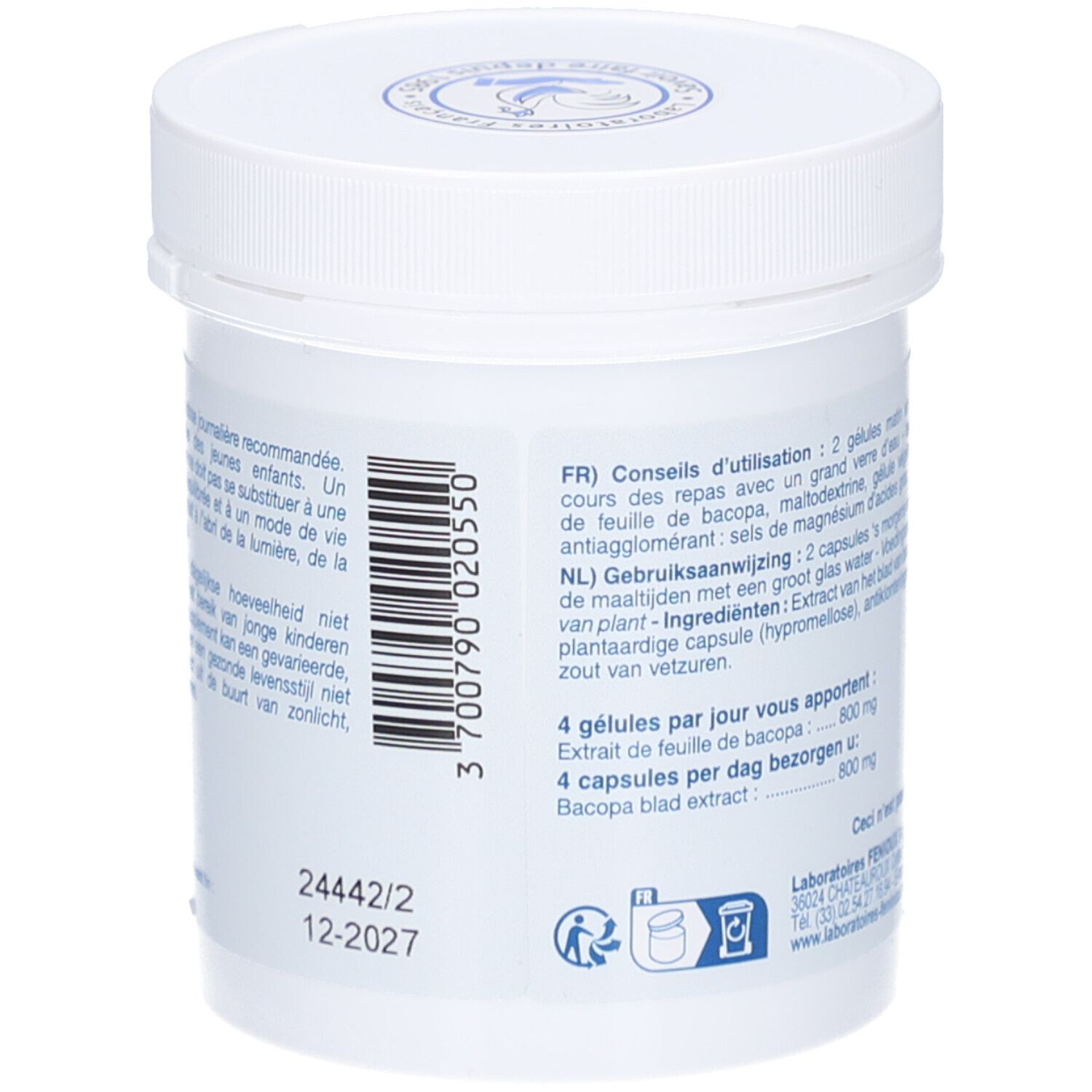 Achterkant van de witte pot. Tekst: Gebruiksaanwijzing, lotnummer, vervaldatum. Logo: Laboratoires Fenioux.