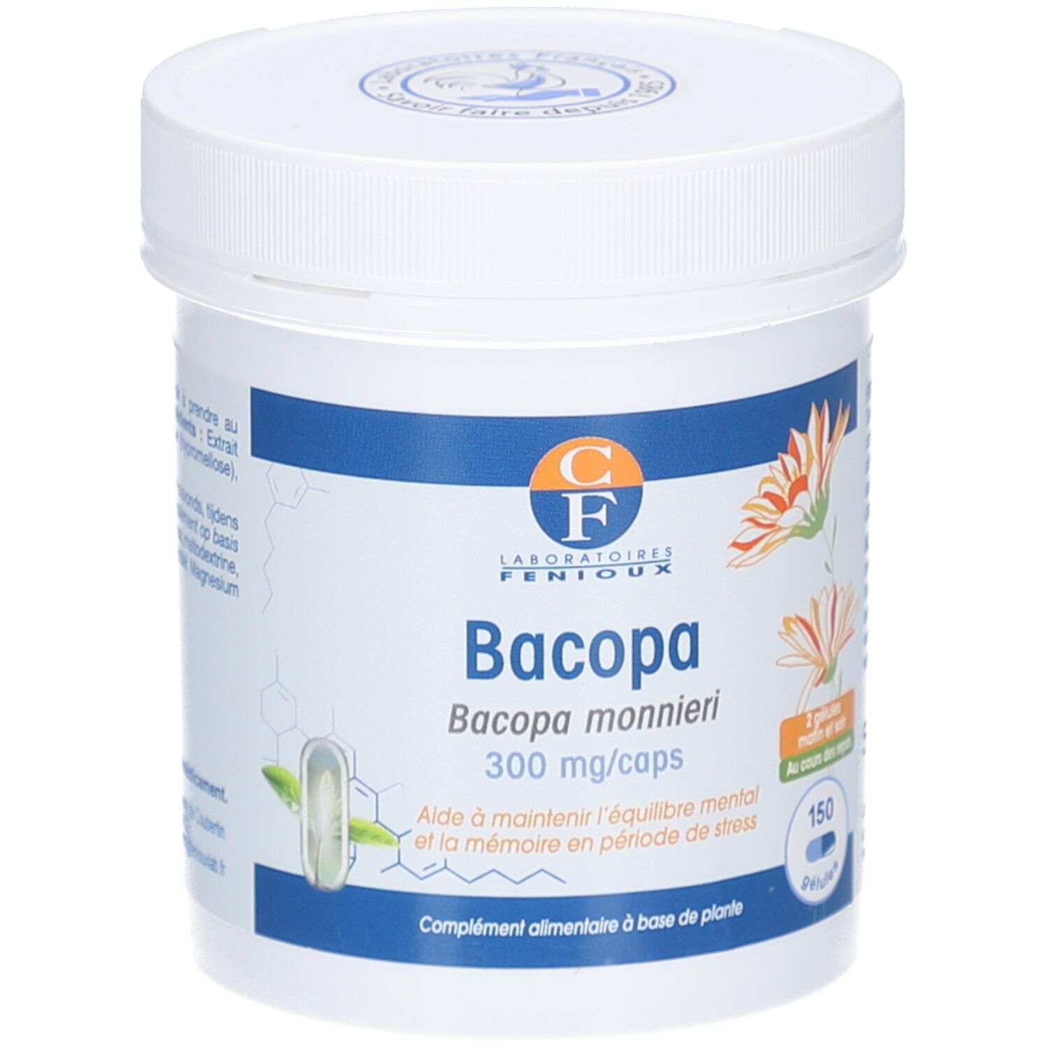 Witte pot met deksel. Opschrift: Bacopa, 300 mg/caps. Bevat 150 capsules. Logo: Laboratoires Fenioux.