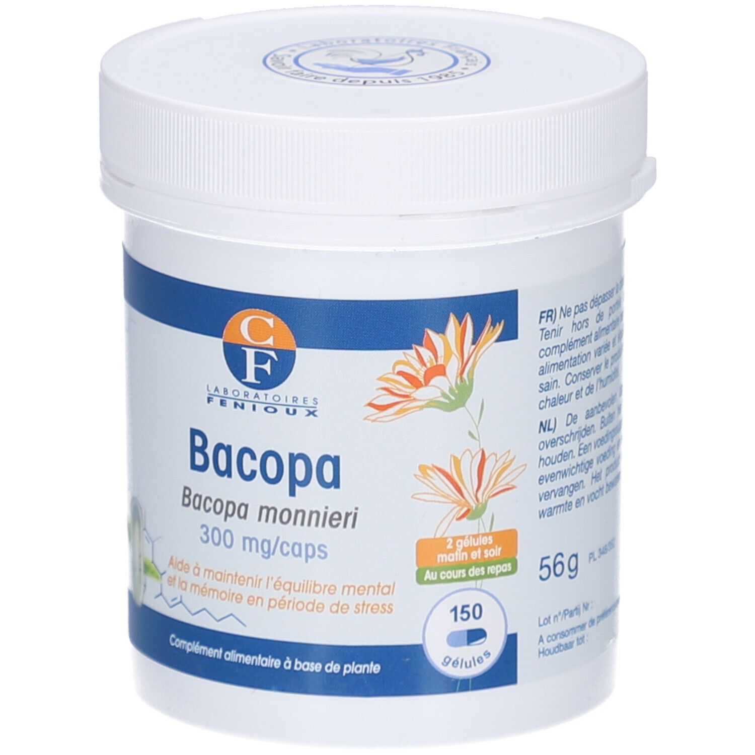 Witte pot met deksel. Opschrift: Bacopa, 300 mg/caps. Bevat 150 capsules. Logo: Laboratoires Fenioux. 56g.
